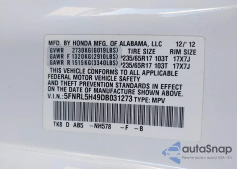 2013 Honda Odyssey Ex from USA, damaged, VIN 5FNRL5H49DB031273